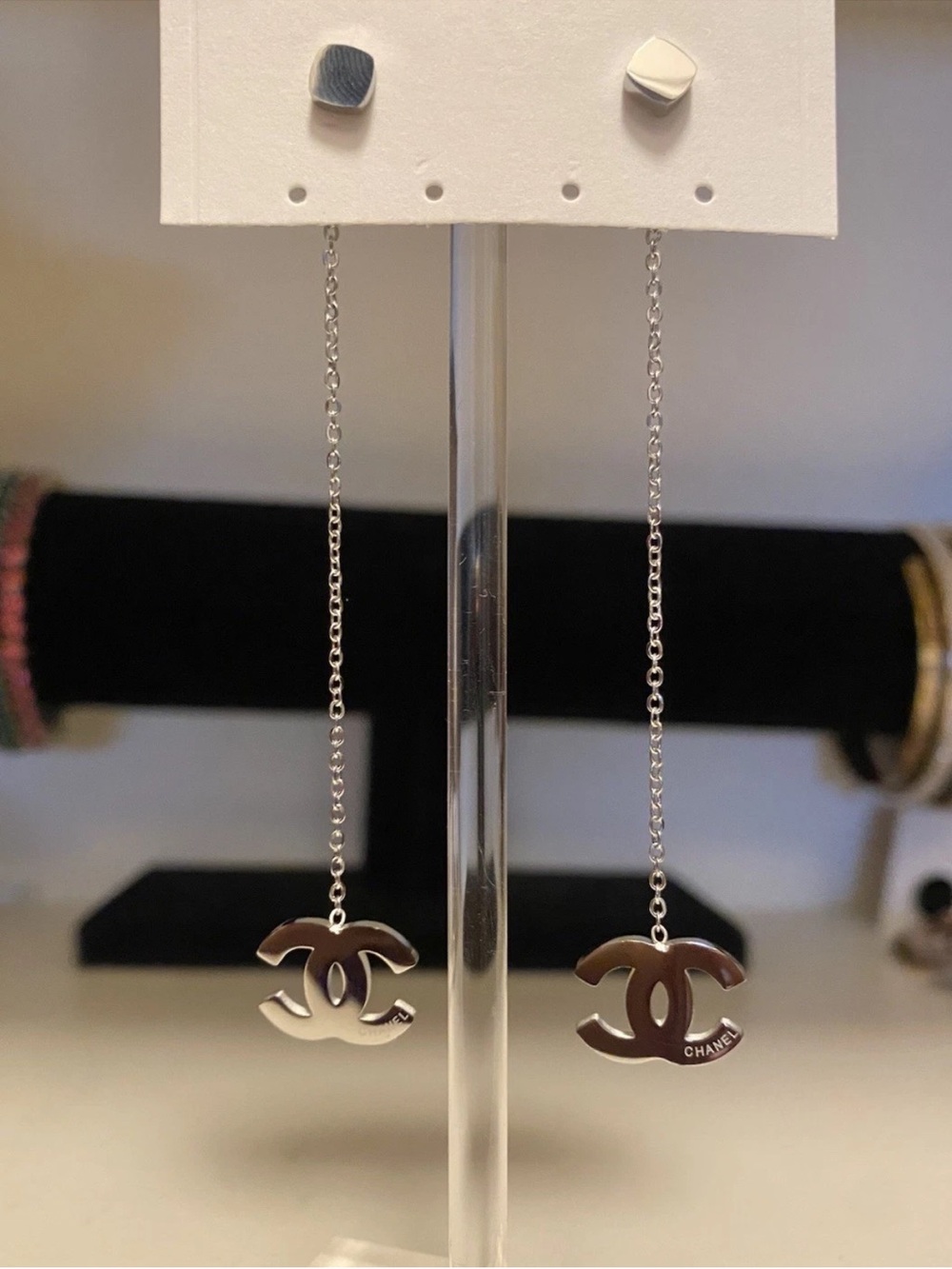 Fashion Jewelry Silver Plated Double C Drop Chain Earrings